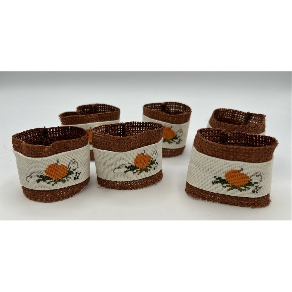 Set Of 6 Handmade Hand Cross Stitched Napkin Rings Fall Pumpkin Harvest